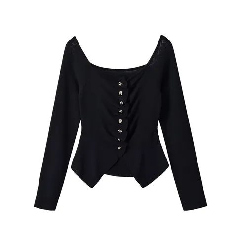 Women Casual Slim Fit Long Sleeve Knit Sweater Off Shoulder Single Breasted Pleated Solid Color Knitted Cotton Top