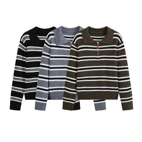 Maglione in Maglia a Righe con Collo Polo e Manica Lunga da Donna Slim Fit