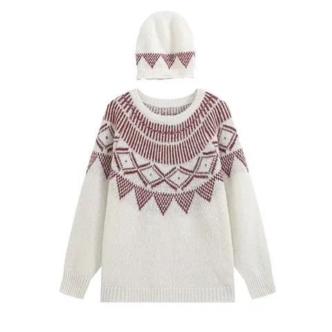 Vrouwen Herfst Casual Losse Jacquard Gebreide Trui En Hoed Tweedeelig Set Lange Mouw Ronde Hals Trui Tops Matchende Hoed Outfits