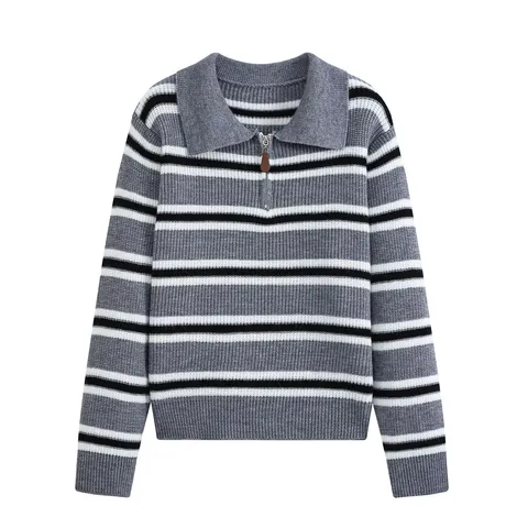 Maglione in Maglia a Righe con Collo Polo e Manica Lunga da Donna Slim Fit