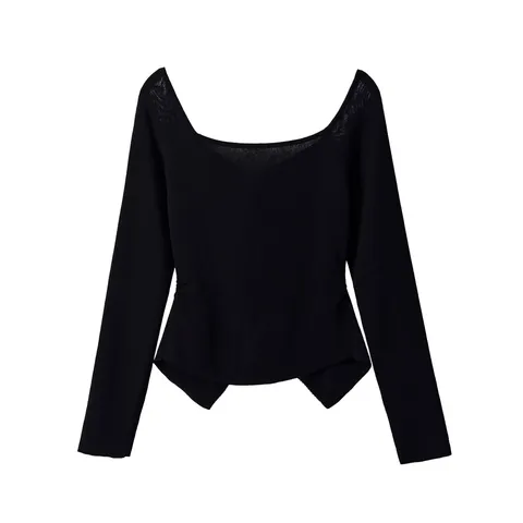 Women Casual Slim Fit Long Sleeve Knit Sweater Off Shoulder Single Breasted Pleated Solid Color Knitted Cotton Top