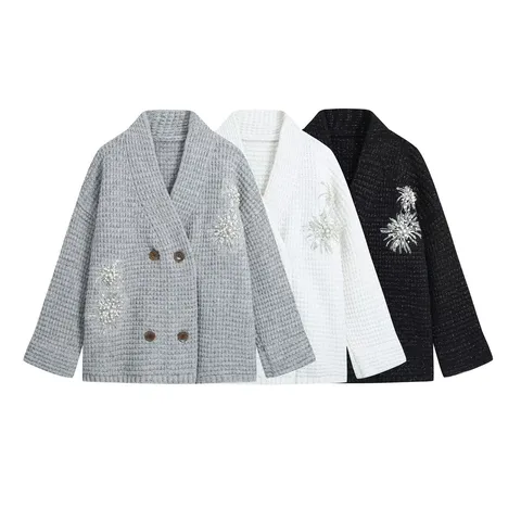 Women's Casual V-Neck Double Breasted Cardigan Heavy Beaded Embroidery Knit Sweater Long Sleeve Loose Knitted Cotton Top