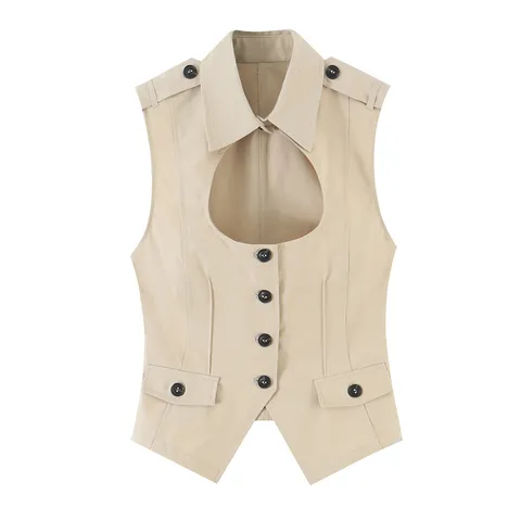 Women's Casual Slim Fit Polyester Vest Sleeveless Hollow Out Lapel Single-Breasted Solid Color Fashion Top