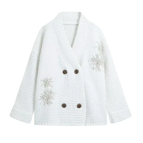 Women's Casual V-Neck Double Breasted Cardigan Heavy Beaded Embroidery Knit Sweater Long Sleeve Loose Knitted Cotton Top