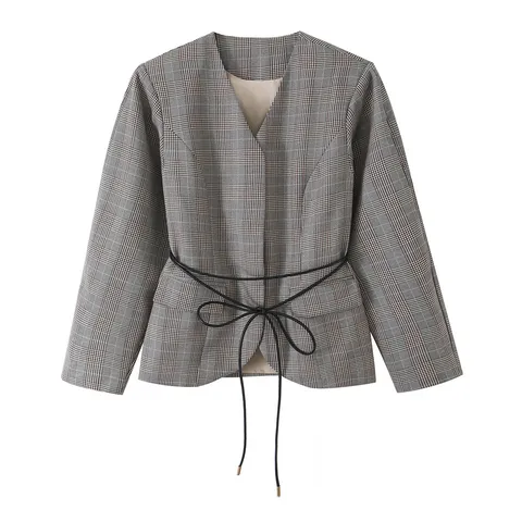 Women Casual Plaid Blazer Fashion V-Neck Long Sleeve Suit Jacket With Tie-Up Waist Polyester Checkered Streetwear Coat
