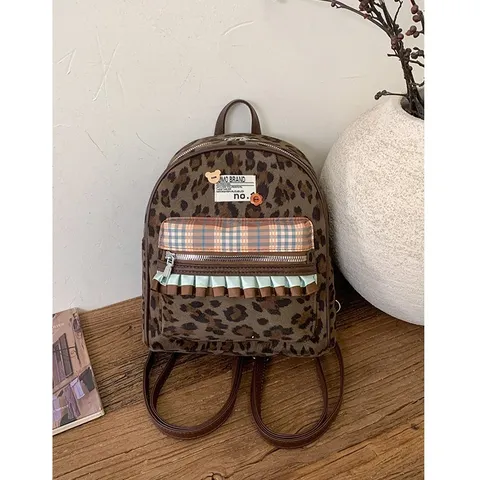 Mochila Vintage con Estampado de Leopardo para Niños Lindo Mini Bolso Escolar Patchwork de Pana Daypack Casual para Niñas Estudiantes
