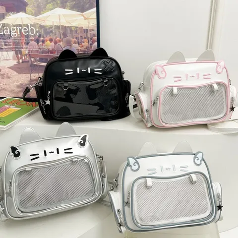 Mochila Ita de Gato Mecánico Linda de Moda de Cuero PU Mochila Casual Ventana Transparente Bolsa Escolar Para Jóvenes