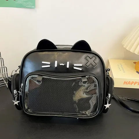Mochila Ita de Gato Mecánico Linda de Moda de Cuero PU Mochila Casual Ventana Transparente Bolsa Escolar Para Jóvenes