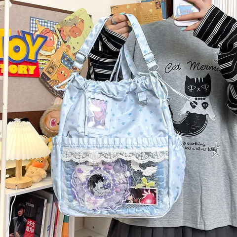 Harajuku Star Print Ita Backpack Transparent PVC Window Casual School Bookbag Lightweight Travel Daypack For Women