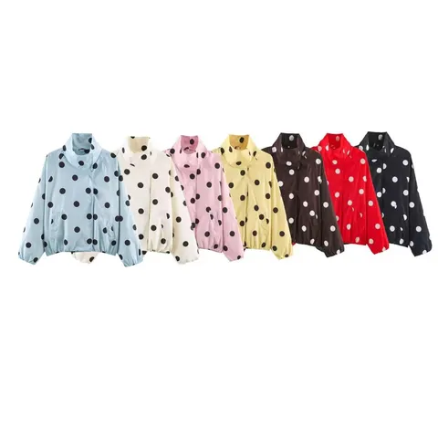Femme Décontracté Pois Imprimé Col Montant Fermeture Éclair Veste Bomber Manches Longues Ample Streetwear Vêtement