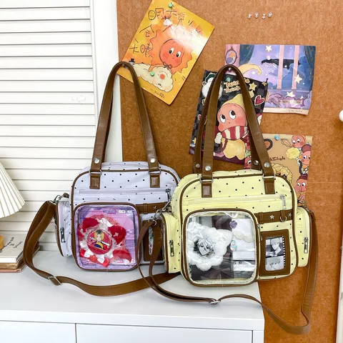Japanese Polka Dot Transparent Itabag Cute Star Canvas Shoulder Bag Double Layer Clear Window Tote Bag For Women