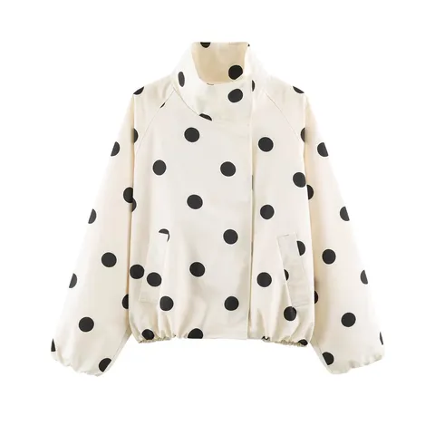 Femme Décontracté Pois Imprimé Col Montant Fermeture Éclair Veste Bomber Manches Longues Ample Streetwear Vêtement