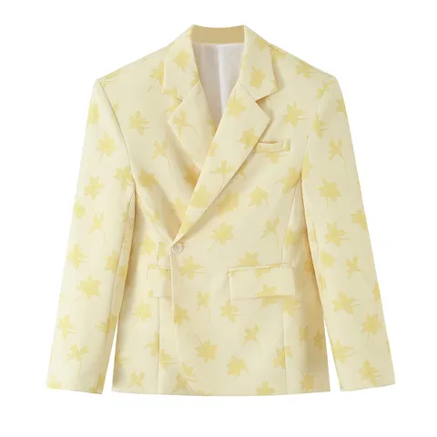 Women's Casual European American Style Printed Blazer Medium Long Long Sleeve Suit Jacket With Pockets Yellow Floral Print