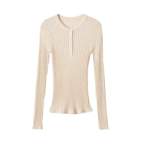 Women's Casual Cotton Blend Knit Pullover Sweater Long Sleeve Crew Neck Slim Fit Button Decor Solid Color Top