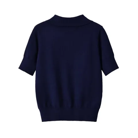 Women's Casual Knit Cotton V-Neck Short Sleeve Sweater Argyle Pattern Metal Zipper Pullover Fashion Knitwear Top