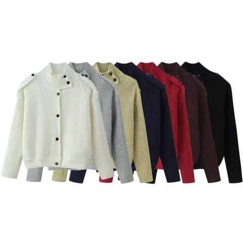Women Casual High Collar Single-Breasted Knit Cardigan Solid Color Long Sleeve Loose Sweater Outerwear Fashion Apparel