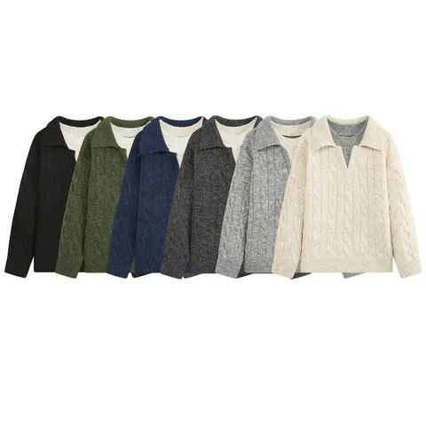 Women Fashion Fake Two-Piece Knit Sweater Polyester Color Block Cable Knit Ribbed Lapel Long Sleeve Casual Patchwork Top