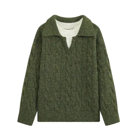Women Fashion Fake Two-Piece Knit Sweater Polyester Color Block Cable Knit Ribbed Lapel Long Sleeve Casual Patchwork Top