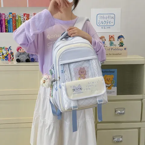 Mochila de Mujer Itabag Estilo Preppy Ventana Transparente Gran Capacidad Bolsa Escolar Casual Nylon Daypack Con Lindo Colgante