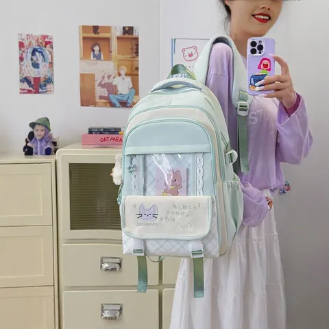 Mochila de Mujer Itabag Estilo Preppy Ventana Transparente Gran Capacidad Bolsa Escolar Casual Nylon Daypack Con Lindo Colgante