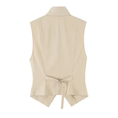 Women's Casual Slim Fit Polyester Vest Sleeveless Hollow Out Lapel Single-Breasted Solid Color Fashion Top