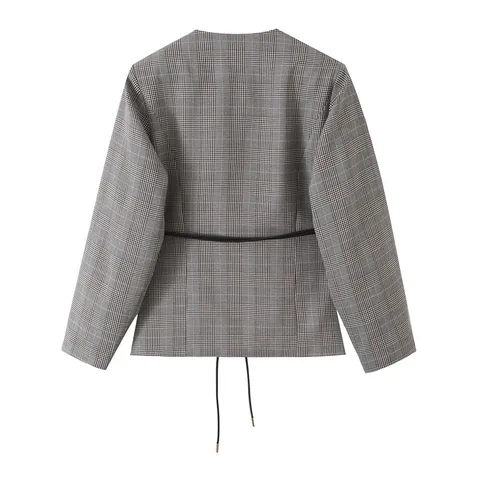 Women Casual Plaid Blazer Fashion V-Neck Long Sleeve Suit Jacket With Tie-Up Waist Polyester Checkered Streetwear Coat