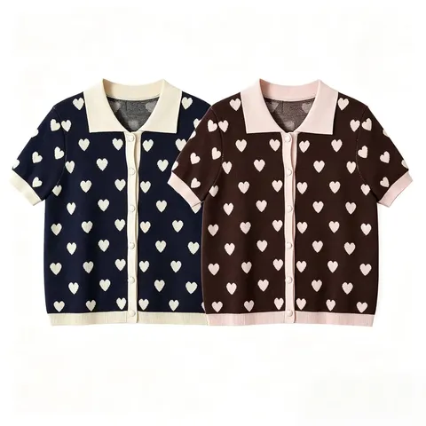 Women Heart Jacquard Knitted Cotton Cardigan Polo Collar Short Sleeve Contrast Color Contrast Button Up Top Knitwear