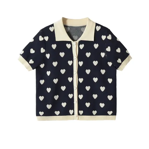 Women Heart Jacquard Knitted Cotton Cardigan Polo Collar Short Sleeve Contrast Color Contrast Button Up Top Knitwear