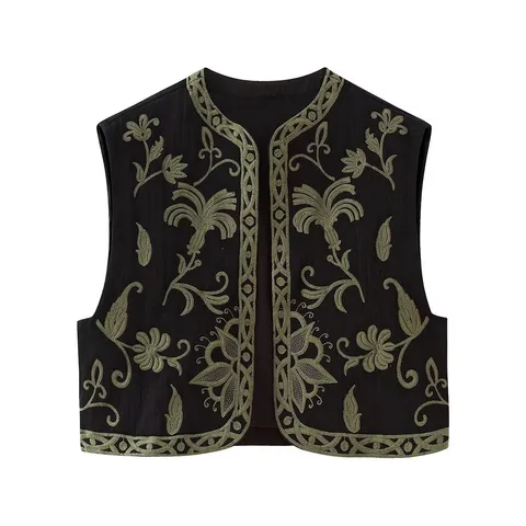 Chaleco Corto Casual para Mujer Cuello Redondo Sin Mangas Bordado Floral Poliéster Streetwear Top
