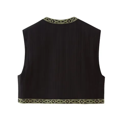 Chaleco Corto Casual para Mujer Cuello Redondo Sin Mangas Bordado Floral Poliéster Streetwear Top