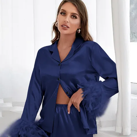 Pyjama en Satin pour Femmes Avec Bordure en Plumes d'Autruche Haut Et Bas Manches Longues Col en V Revers Lounge Wear Maison