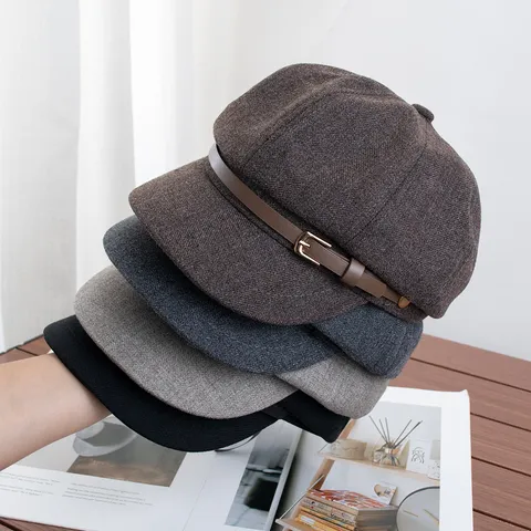 Vintage British Style Women newsboy Cap Octagonal Hat With Belt Buckle Solid Color Cotton Baker Boy Hat For Autumn Winter Fashion Accessories