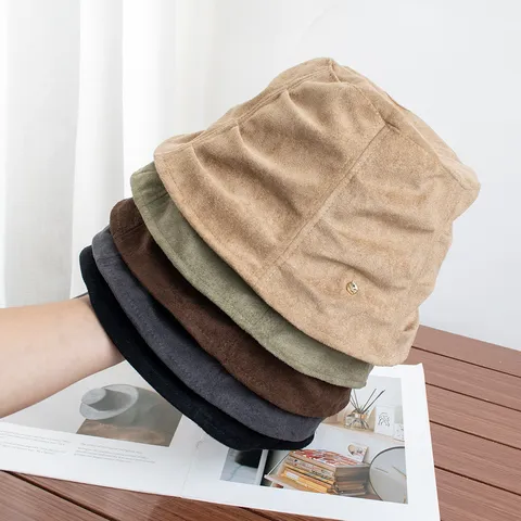 Vintage Pleated Suede Bucket Hat For Women Autumn Winter Solid Color Warm Windproof Artistic Basin Hat Sun Protection Outdoor Cap