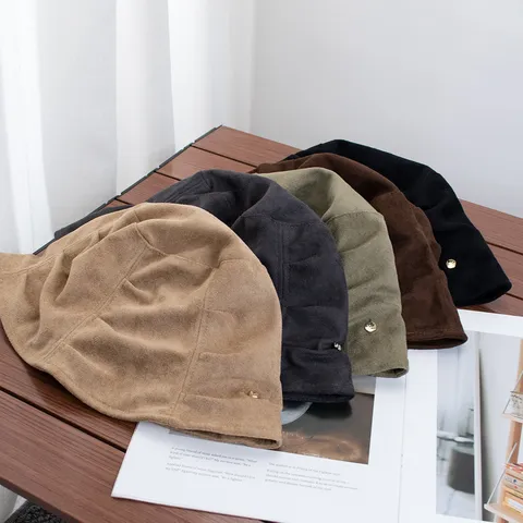 Vintage Pleated Suede Bucket Hat For Women Autumn Winter Solid Color Warm Windproof Artistic Basin Hat Sun Protection Outdoor Cap
