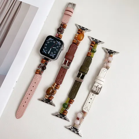 Natuursteen Leer Apple Watch Band Kralen Vervangende Band Voor Smartwatch Dames Mode Horlogeband