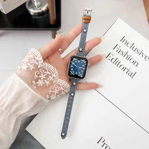 Cinturino Smartwatch Vintage in Denim e Pelle con Motivo a Stella Cinturino di Ricambio per Accessori Orologio Donna