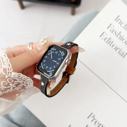 Cinturino Smartwatch Vintage in Denim e Pelle con Motivo a Stella Cinturino di Ricambio per Accessori Orologio Donna