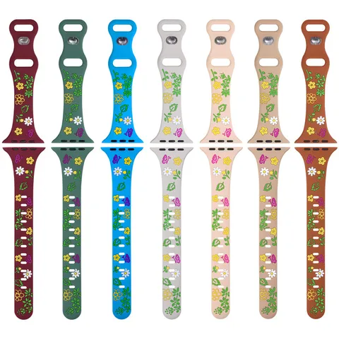 Silicone Floral Print Replacement Watch Band Strap For Apple Watch Ultra SE Series Casual Wristband