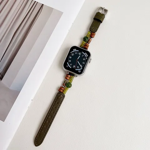 Natuursteen Leer Apple Watch Band Kralen Vervangende Band Voor Smartwatch Dames Mode Horlogeband