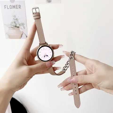 Cinturino di Ricambio per Orologio da Donna in Pelle a Doppio Giro e Catena in Acciaio Inossidabile Compatibile con Smartwatch Huawei