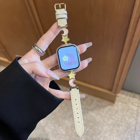 Apple Watch Leather Strap Star Moon Litchi Pattern Replacement Wristband Women Fashion Watch Band Accessories