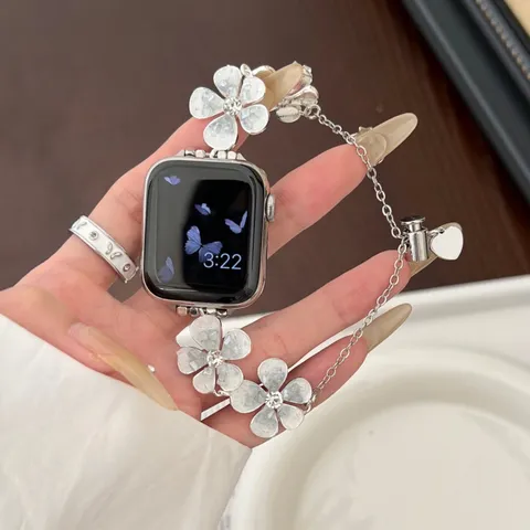 Bracelet de Montre Floral en Métal pour Apple Watch Huawei GT Sangle Strass Design Trèfle Bracelet de Rechange Smartwatch