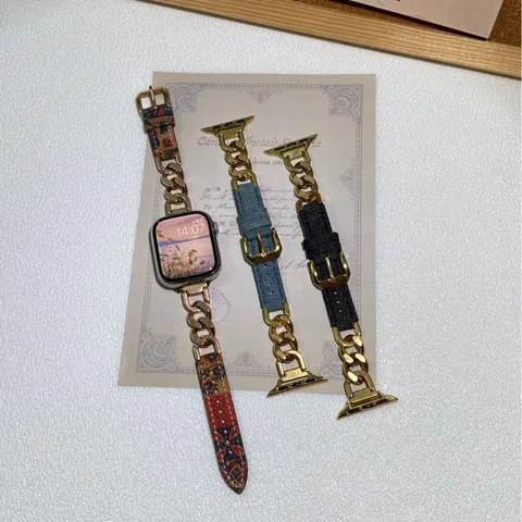 Roestvrij Staal En Denim Leer Horlogeband Compatibel Met Apple Watch Vervangende Band Mode Stijl