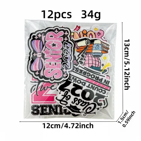Senior 2027 Graduation Season Pink Bow Embroidery Patches Set Iron On Appliques For Clothing Bags Decoration Class Of 2027 Embroidery Patch