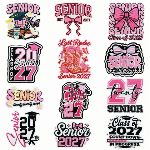 Senior 2027 Graduation Season Pink Bow Embroidery Patches Set Iron On Appliques For Clothing Bags Decoration Class Of 2027 Embroidery Patch