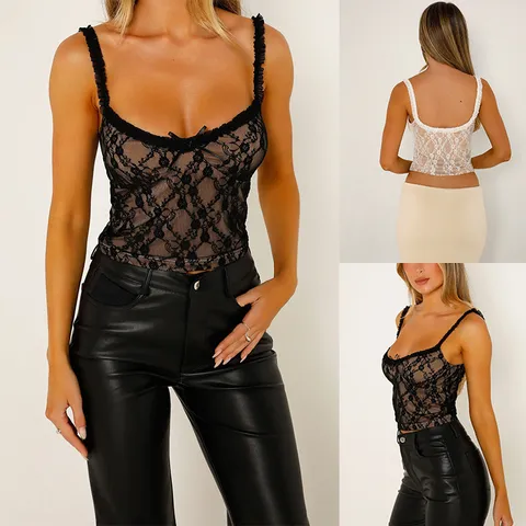 Women Sexy Lace Cami Top Floral Pattern Slim Fit Ruffle Straps Crop Top V-Neck Ribbon Bow Backless Party Clubwear Camisole