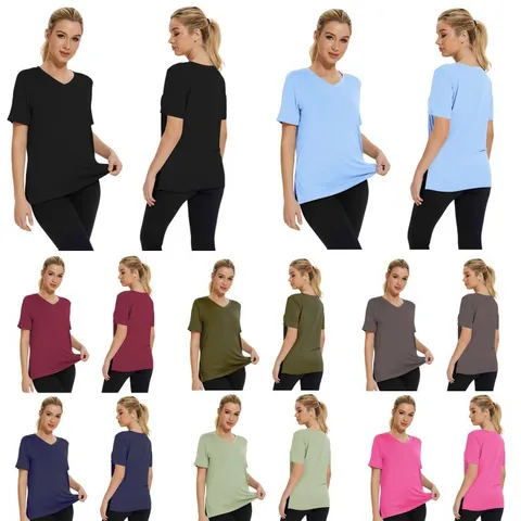 Women Casual Polyester T-Shirt Elegant Solid Color V-Neck Short Sleeve Top Ample Loose Side Slit Fashion Pullover Tee Comfort Clothing