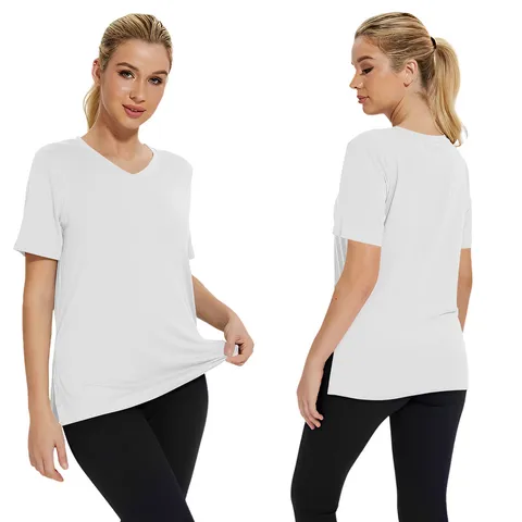 Women Casual Polyester T-Shirt Elegant Solid Color V-Neck Short Sleeve Top Ample Loose Side Slit Fashion Pullover Tee Comfort Clothing