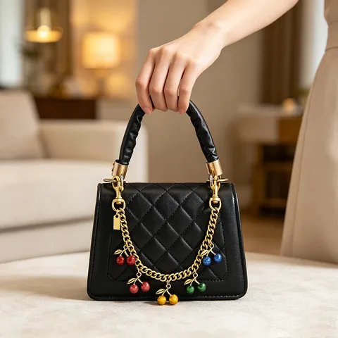 Sweet Cool Cherry Pendant Metal Chain Bag Charm Multi-Color Glitter Fruit Hanging Ornament Women Bag Decoration