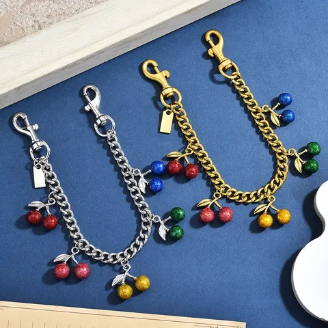 Sweet Cool Cherry Pendant Metal Chain Bag Charm Multi-Color Glitter Fruit Hanging Ornament Women Bag Decoration